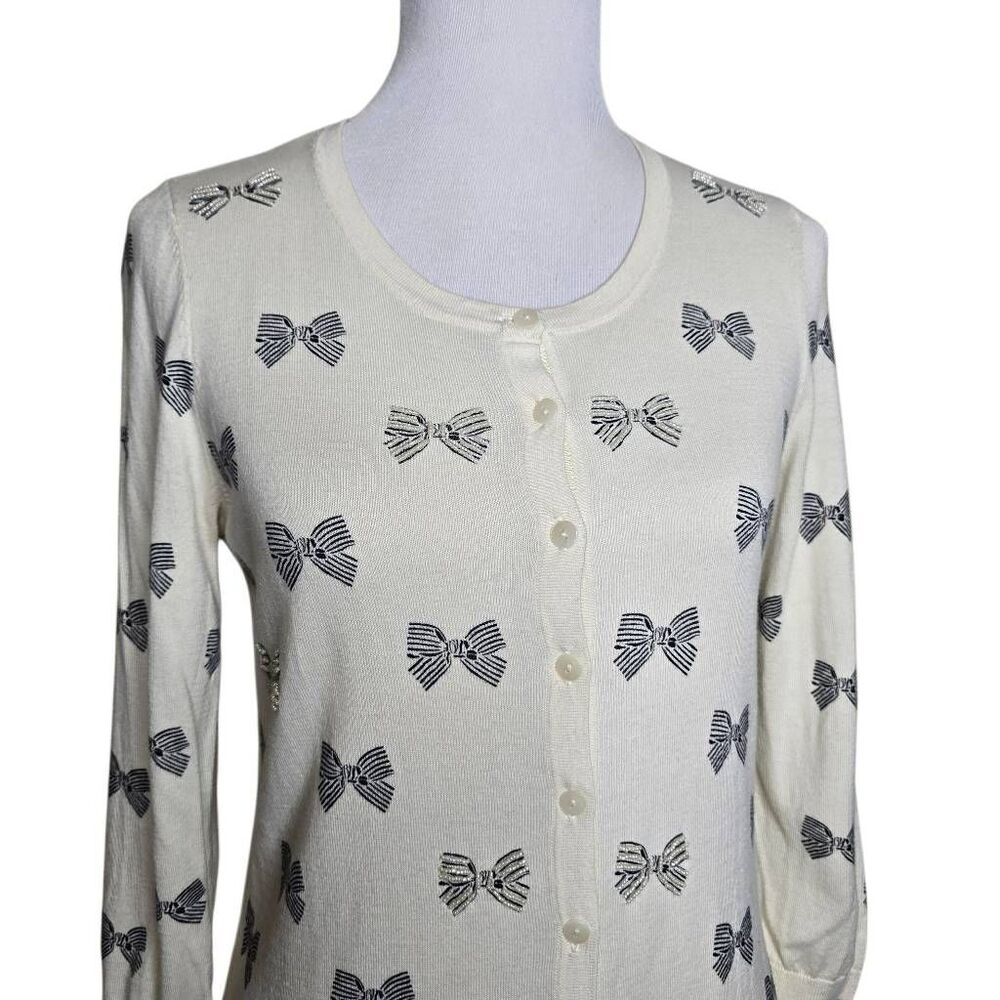 Talbots Cardigan Beaded Bow Print Embellished 3/4 Sleeve Cream Small - Picture 10 of 11